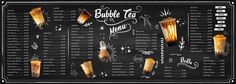 the menu for bubble tea is shown on a blackboard with chalk writing and illustrations