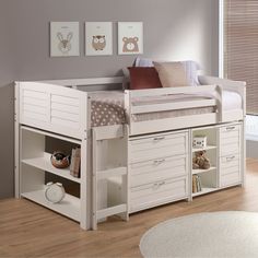 a white bunk bed with drawers underneath it and an open book shelf below the bed