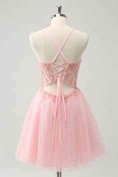 Amzcw Pink Tulle A Line Corset Short Homecoming Dress with Beading Party Dress Inspiration, Homecoming Dress Short, Dama Dresses, Lovely Partner, Pink Party Dresses, Dress Up Day, Pink Homecoming Dress, Beaded Tulle, Short Party Dress