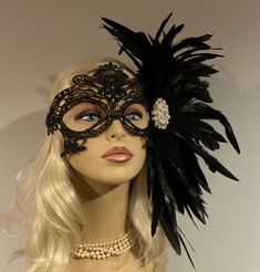 "Black Lace Masquerade Mask Pearl Brooch, Masked Ball, Women's Lace Mask, Wedding Masquerade Masks, Bridal Wedding Mask Beware of cheap imitations that use glue! This is an original design by IceGreenEyes. Stiffened and lace mask will not sweat your face like the cheap plastic ones. The mask is also shaped so you have lots of room around the eyes instead of a skinny slice. These masks are hand stitched, not held together with sticky glue that will heat up and fall apart before the night is over. Elegant Headpieces For Carnival Masquerade, Elegant Masks For Costume Party And Carnival, Elegant Halloween Masquerade Masks And Prosthetics, Elegant Fitted Masquerade Mask For Mardi Gras, Elegant Formal Masquerade Mask For Halloween, Elegant Carnival Masks For Costume Party, Elegant Masquerade Mask For Party, Elegant Fitted Masquerade Mask For Party, Vintage Black Costume Accessories For Wedding