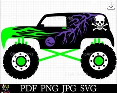 a monster truck with green and purple paint on it's side, in the shape of a skull