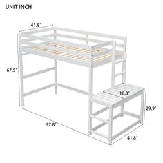 a white bunk bed with stairs next to it and measurements for the bottom level ladder