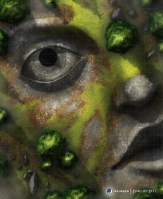 an artistic painting of a face with green leaves on it's forehead and eyes