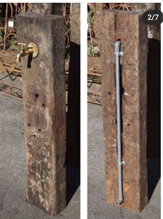 an old wooden door with a metal handle on it's side and another photo of the outside