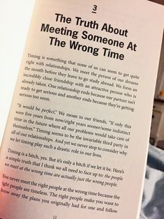 an open book with the title'the truth about meeting someone at the wrong time '