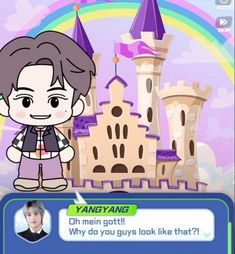 an image of a cartoon character in front of a castle with a rainbow behind it