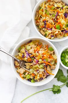 three bowls filled with different types of food and garnished with cilantro