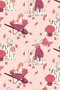 a pink background with dogs and cupcakes