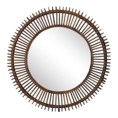 a round mirror that is made out of wood