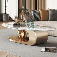 a living room with a couch, coffee table and vases on the floor in front of it