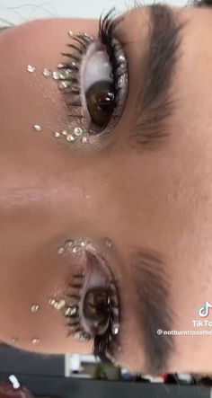 Make Up For Rave, Rave Inspo Makeup, Silver Gem Makeup, Spiky Eyelashes, Gem Eye Makeup, Cool Eyeshadow Looks, Concert Makeup Ideas, Gemstone Makeup, Festival Makeup Looks