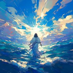 a painting of jesus walking into the ocean with his arms spread out to catch the sun