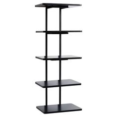 a black shelf with three shelves on each side and one in the middle, against a white background