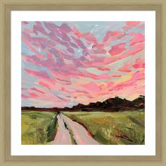 a painting of a road going through a green field under a pink and blue sky