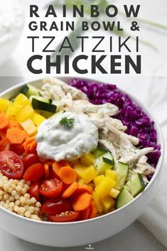 rainbow grain bowl and tzatzziki chicken salad with ranch dressing in it