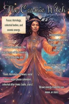 the cosmic witch tarot card with information about her energy powers and how to use it