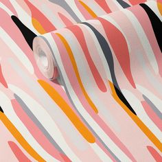 an abstract pink and orange wallpaper with black, white, and yellow lines on it