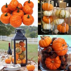 pumpkins and gourds are arranged in glass vases on a table outside