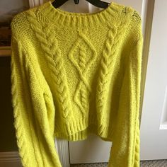 Brand New, Never Worn, Chartreuse Colored Sweater! Perfect For Every Day With Jeans Or To Dress Up With A Skirt! Nothing Wrong With It, Just Does Not Fit Me Anymore! Chartreuse Color Palette Clothes, Yellow Cable Knit Top For Fall, Fall Yellow Cable Knit Top, Casual Yellow Cable Knit Sweater, Yellow Long Sleeve Cable Knit Top, Color Palette Clothes, Chartreuse Color Palette, Chartreuse Color, Sweater Brands