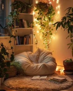 a living room filled with lots of plants and books on top of a fluffy rug