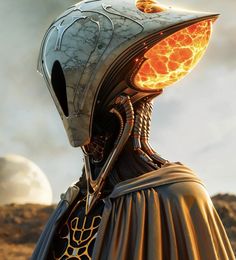 an alien man in a space suit with flames coming out of his head and eyes