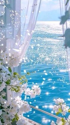 an open window overlooking the ocean with white flowers on it and water in the background