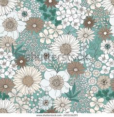 an abstract floral background with flowers and leaves in shades of green, brown and white