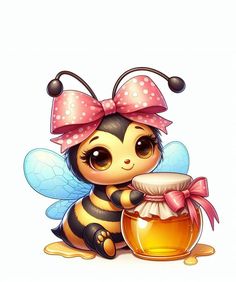 a cute little bee with a jar of honey on her lap and wearing a pink bow