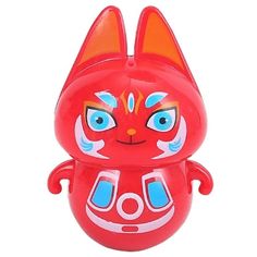 a red plastic toy with blue eyes and ears