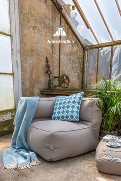 a grey couch sitting in front of a window next to a potted plant