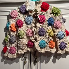 Handknit Crochet Sweater Size 4 Super Cute New With Tag Beautifully Made Flower Crochet Sweater, Chic Crochet Top, Granny Square Tops, Long Crochet Cardigan, Sweater Tutorial, Chic Crochet, Yarn Flowers, Elegant Jacket, Upcycled Clothes