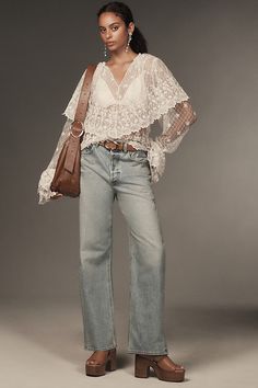 Polyamide Button front Hand wash Imported | Long-Sleeve Lace-Bib Blouse by Forever That Girl in White, Women's, Size: Medium, Polyamide at Anthropologie Feminine Long Sleeve Tops, Anthropologie Inspired Outfits, Lace Top Outfit White, Lace Blouse Outfit, Moto Boho, White Blouse Long Sleeve, White Blouse Outfit, Fall Blouses, Long Sleeve Top Outfit