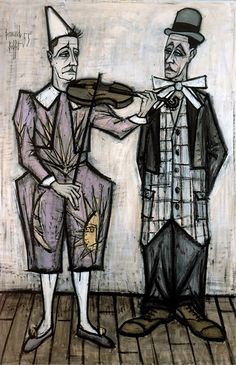 a drawing of two men standing next to each other on a wooden floor with an umbrella