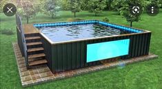 a pool made out of shipping containers in the middle of a yard with steps leading up to it