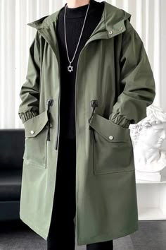 Japan Streetwear, Overcoat Men, Mens Overcoat, Streetwear Male, Hooded Trench Coat, Trench Coat Men, Clothes Reference, Mens Windbreaker, Big Pocket