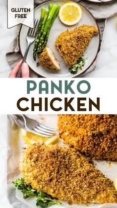 panko chicken on a plate with asparagus and lemon wedges