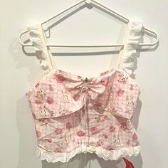 Romwe Crop Top With A Pink Gingham Pattern, And Eyelet Lace And Ruffled Trim. Featuring An Adorable Print With Bunnies, Strawberries, And Pink Roses! Fits True To Size. Measurements: Pit To Pit: 16" Length: 10" Sweet Sleeveless Fitted Top, Sweet Fitted Sleeveless Top, Fitted Sleeveless Sweet Top, Cute Sleeveless Strawberry Print Top, Cute Sleeveless Top With Strawberry Print, Strawberry Bunny, Kids Inspo, Gingham Pattern, Gingham Tops