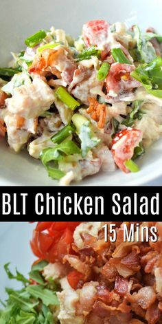 two pictures with different types of salads in them and the words blt chicken salad 15 mins