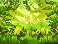 an abstract jungle scene with lots of green plants and trees in the foreground, on a sunny day