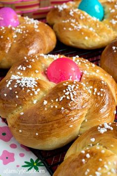 some breads with eggs and sprinkles on them