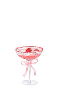 a watercolor painting of a bowl with strawberries on it and pink ribbon around the rim