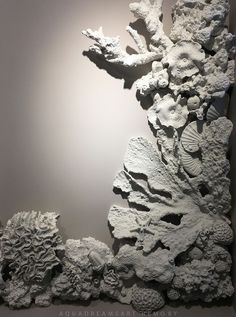 an art piece is displayed in the middle of a wall with rocks and shells on it