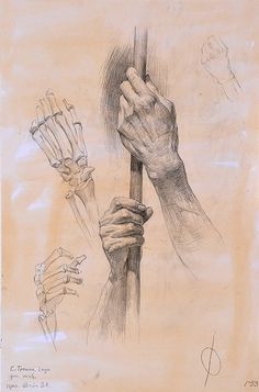 a drawing of hands holding onto a pole