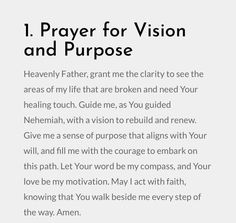 a poem written in black and white with the words i prayer for vision and purpose