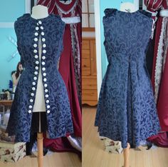 two pictures of the same dress on mannequins, one in blue with white buttons