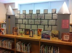 the bookshelves are full of books and posters