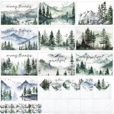 watercolor mountains and pine trees are featured in this postcard set