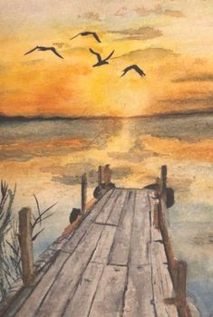 a painting of birds flying over a wooden dock at the water's edge as the sun sets