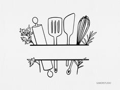 kitchen utensils are hanging on the wall in this black and white drawing by hand