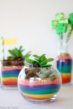 three small glass vases with plants in them